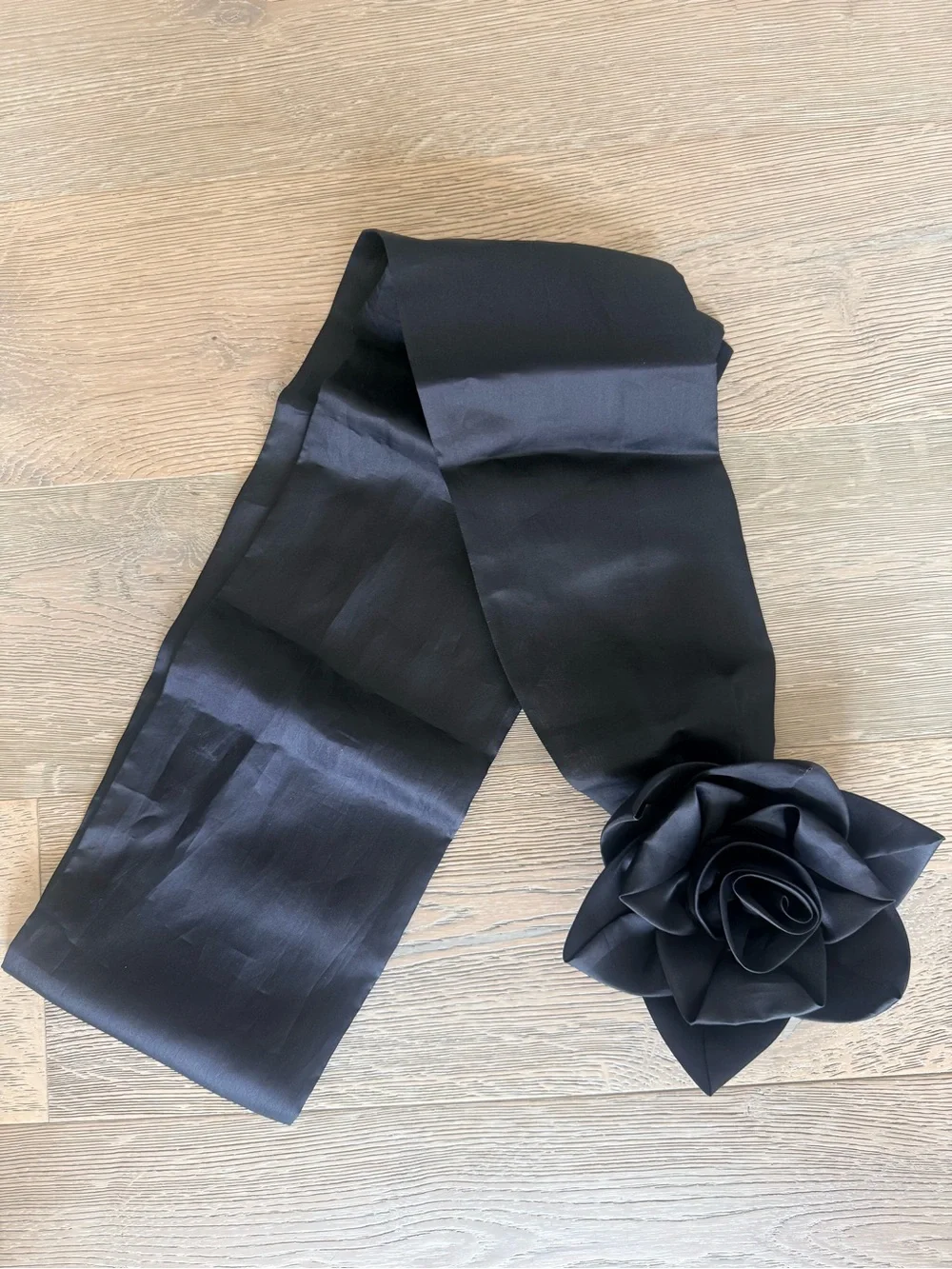 Luisa Spagnoli Black Satin Shawl with Rose Accent